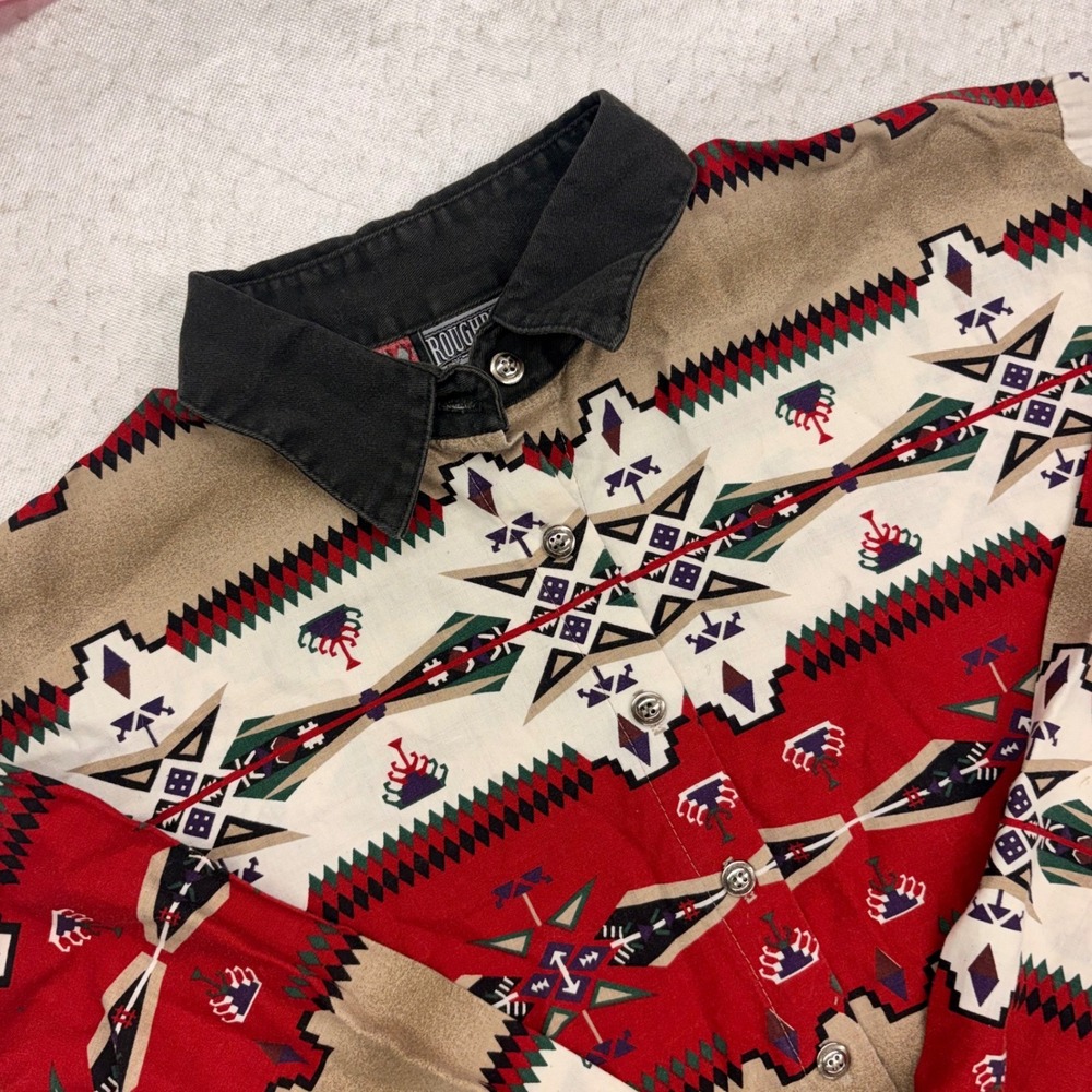 Roughrider Circle T Western Shirt Large Red Aztec Geometric Made in USA Cotton